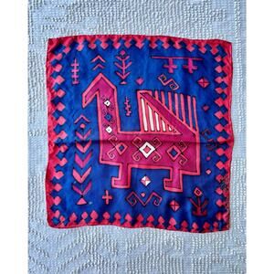 Vintage Silk Scarf Hand Painted Abstract Horse Blue Red 16" Geometric